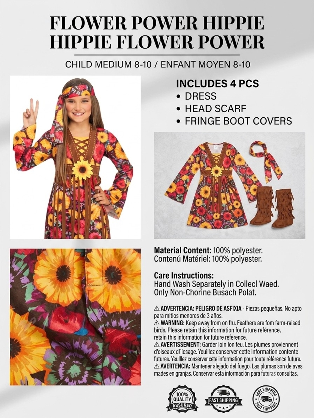 Flower Power Hippie Girls Costume - Yellow & Brown